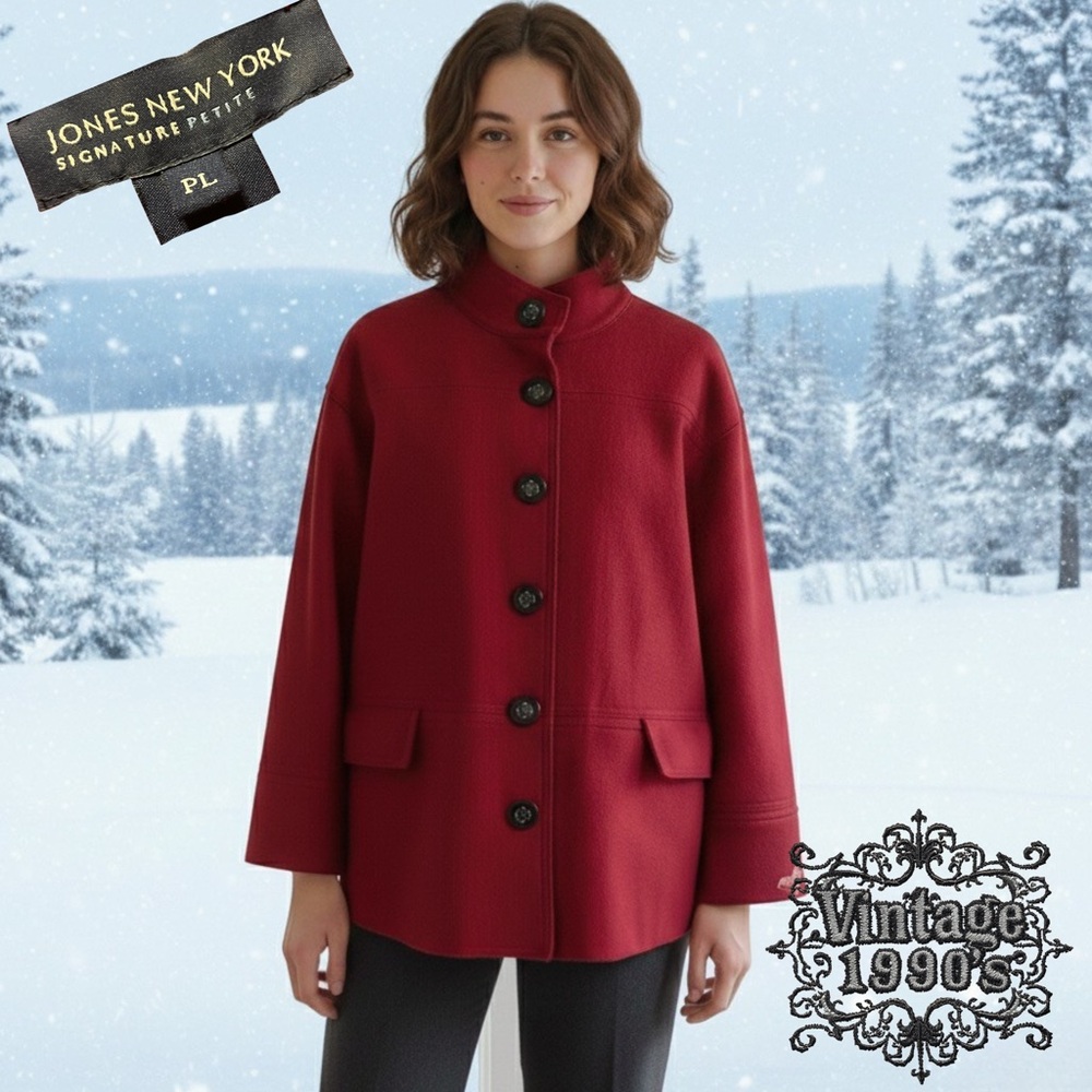 RARE Vtg 90s Jones NY Petite L Red Wool Coat - OOAK Hand-Felted Heart on Sleeve